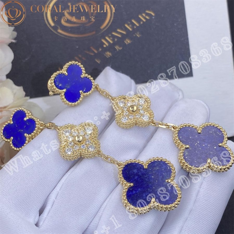 Van Cleef Arpels Magic Alhambra Earrings 3 Motifs Yellow Gold Diamond Lapis Lazuli Coral (6)