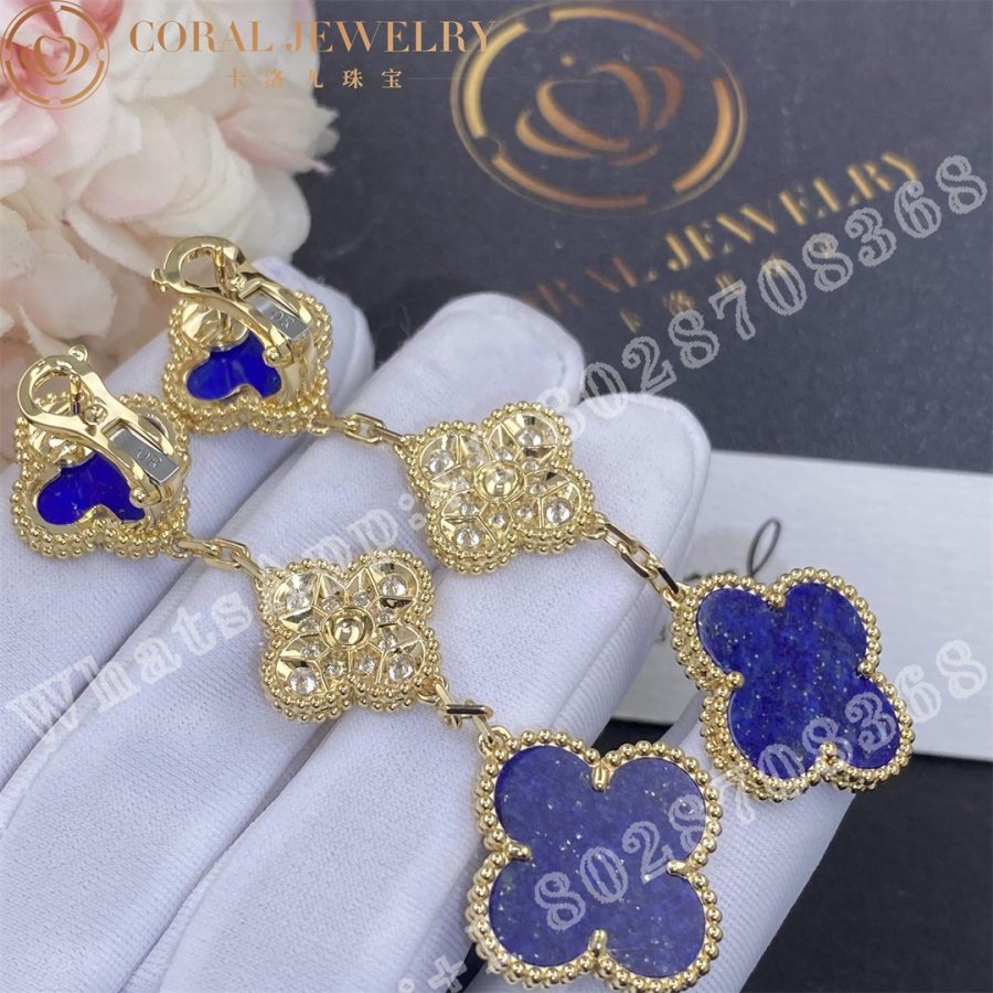 Van Cleef Arpels Magic Alhambra Earrings 3 Motifs Yellow Gold Diamond Lapis Lazuli Coral (7)