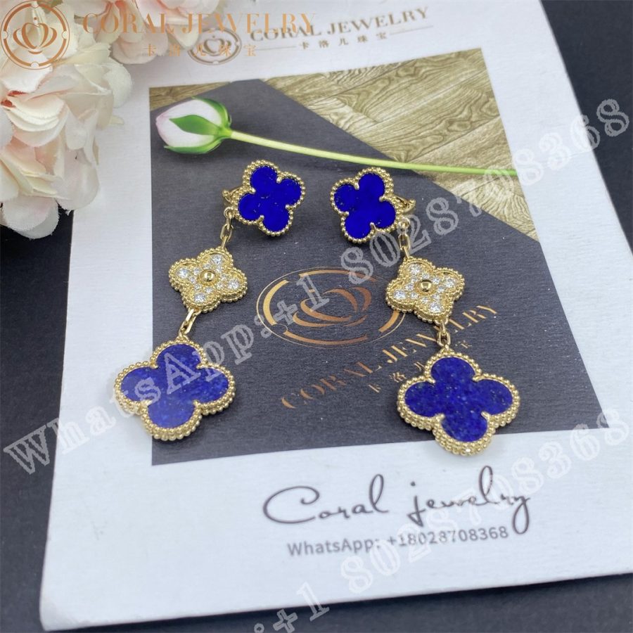 Van Cleef Arpels Magic Alhambra Earrings 3 Motifs Yellow Gold Diamond Lapis Lazuli Coral (8)