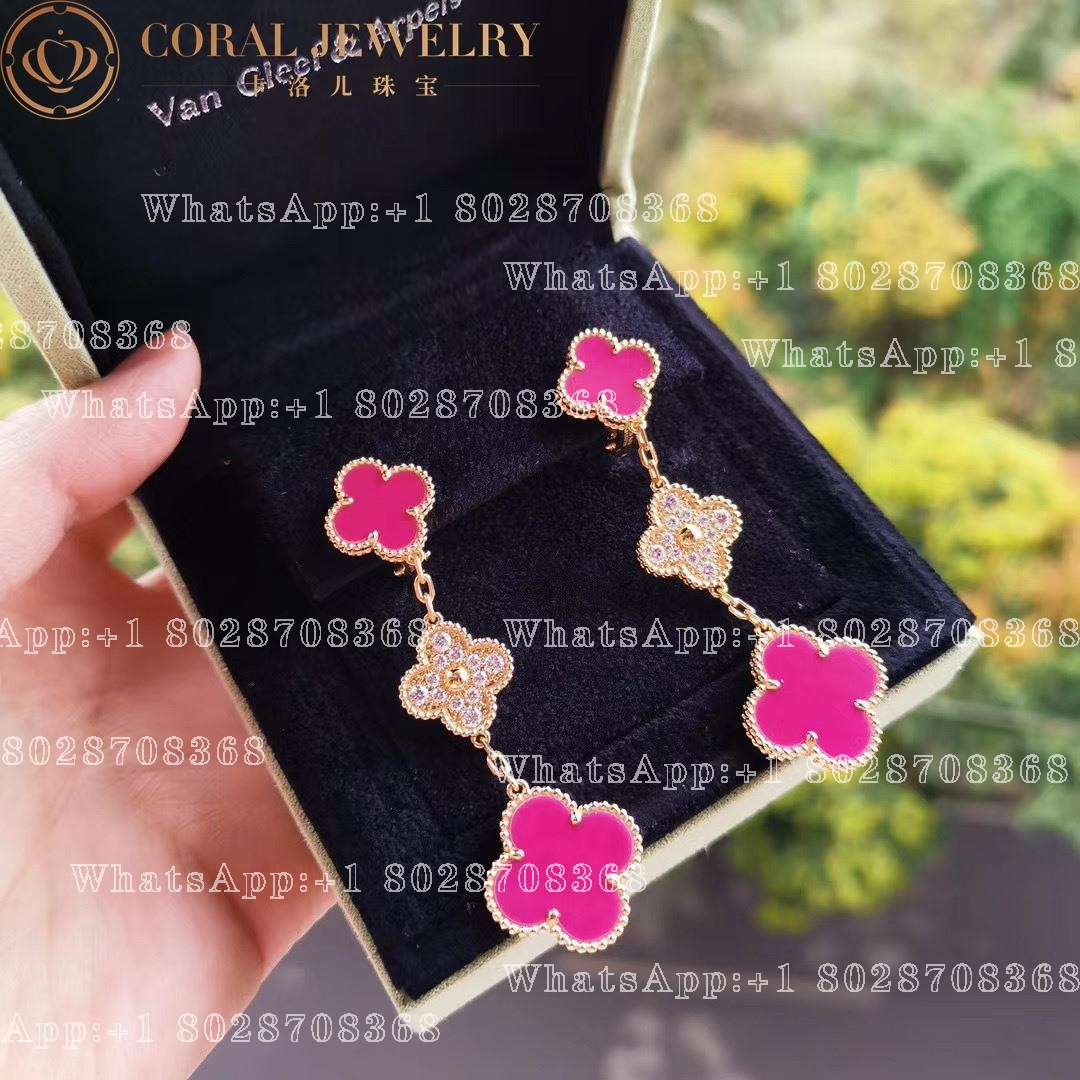 Van Cleef & Arpels Magic Alhambra earrings, 3 motifs Yellow gold, Diamond, Pink ceramics