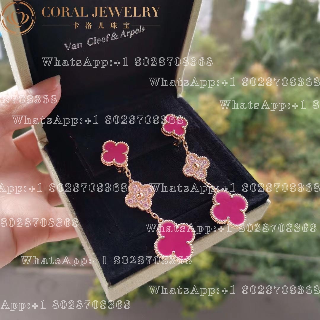 Van Cleef & Arpels Magic Alhambra earrings, 3 motifs Yellow gold, Diamond, Pink ceramics