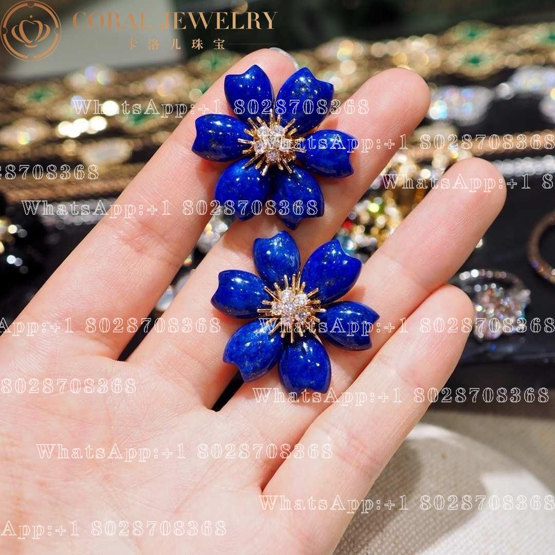 Van Cleef & Arpels Rose De Noel Lapis Lazuli Diamond Yellow Gold Earrings