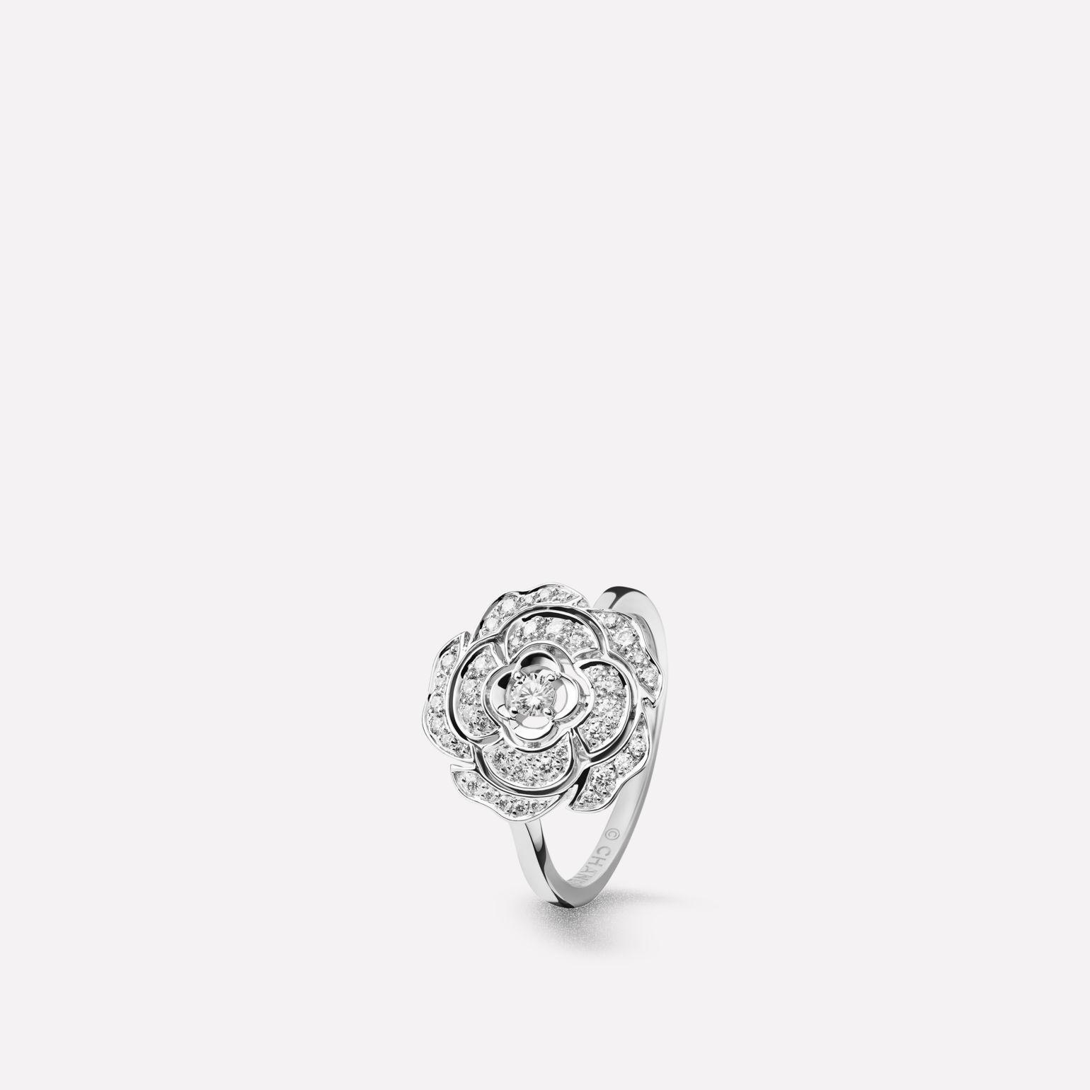 Chanel Bouton De Camelia Ring 18k White Gold Diamonds J11188