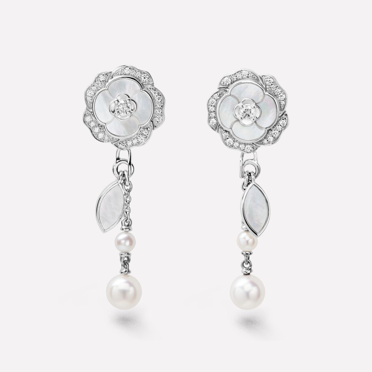 Chanel Bouton de Camélia Transformable Earrings 18k White Gold, Diamonds, Cultured Pearls, White Mother-of-pearl J10826