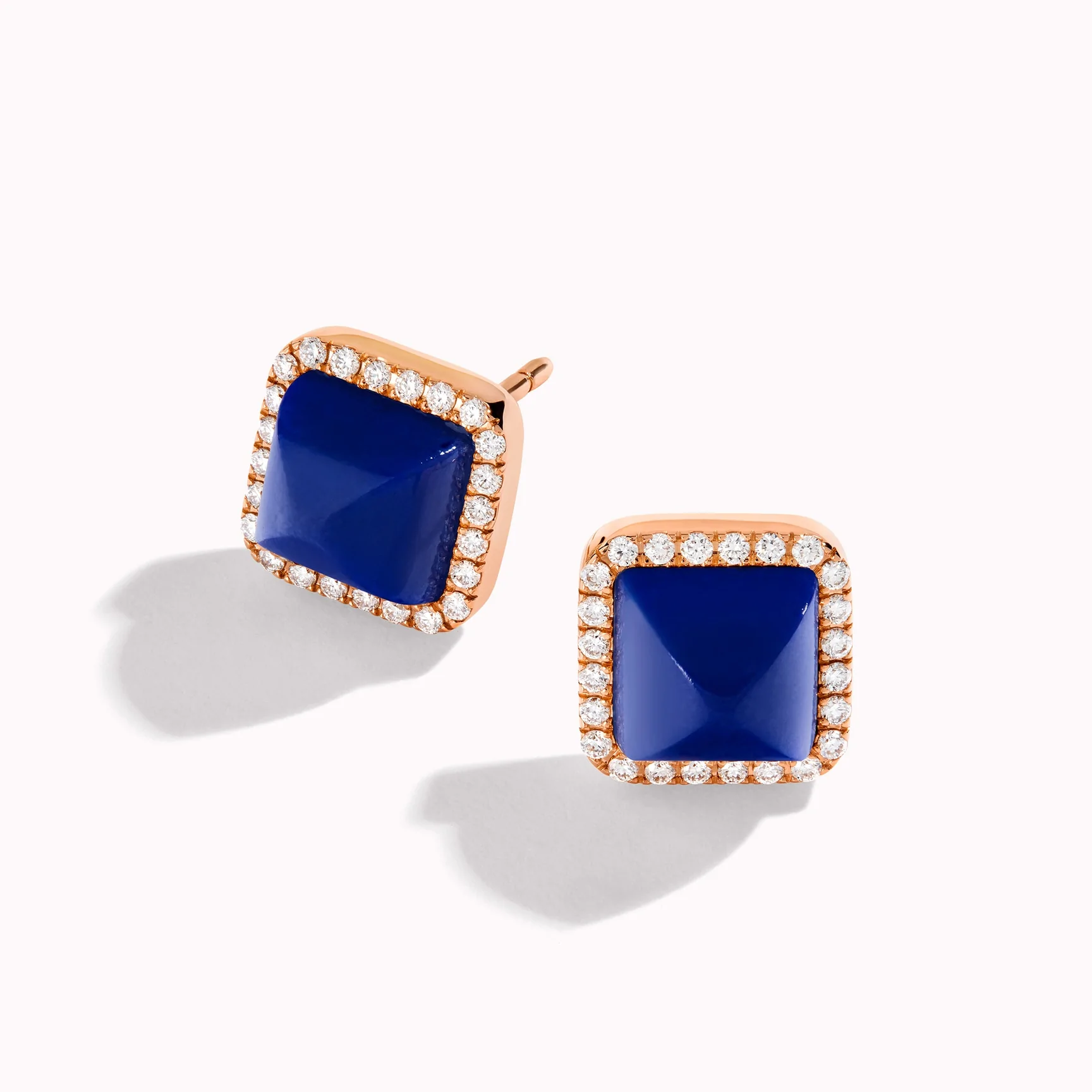 Marli Cleo Diamond Stud Pyramid Earrings In Rose Gold set with Lapis Lazuli CLEO-E3