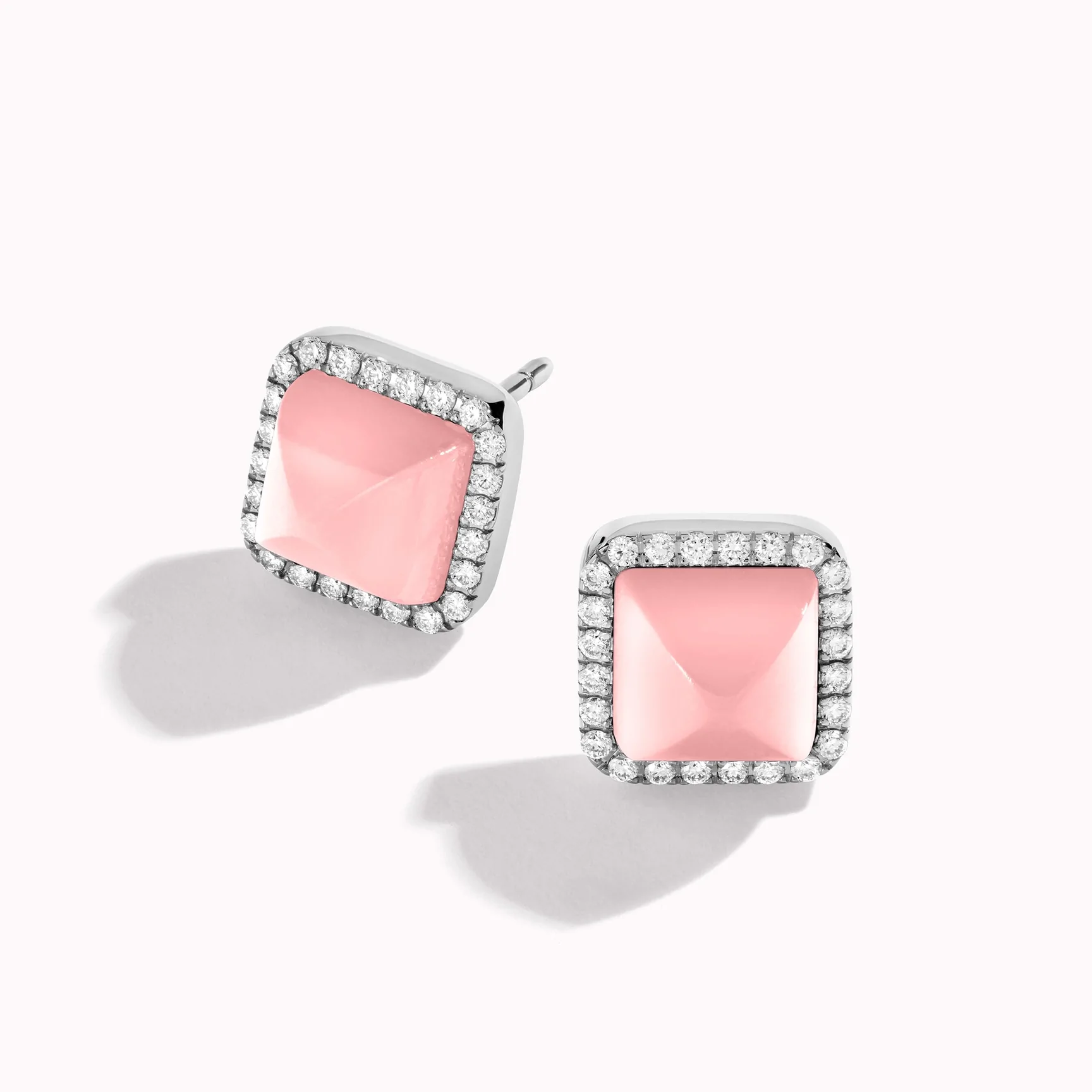 Marli Cleo Diamond Stud Pyramid Earrings In White Gold set with Pink Opal CLEO-E3