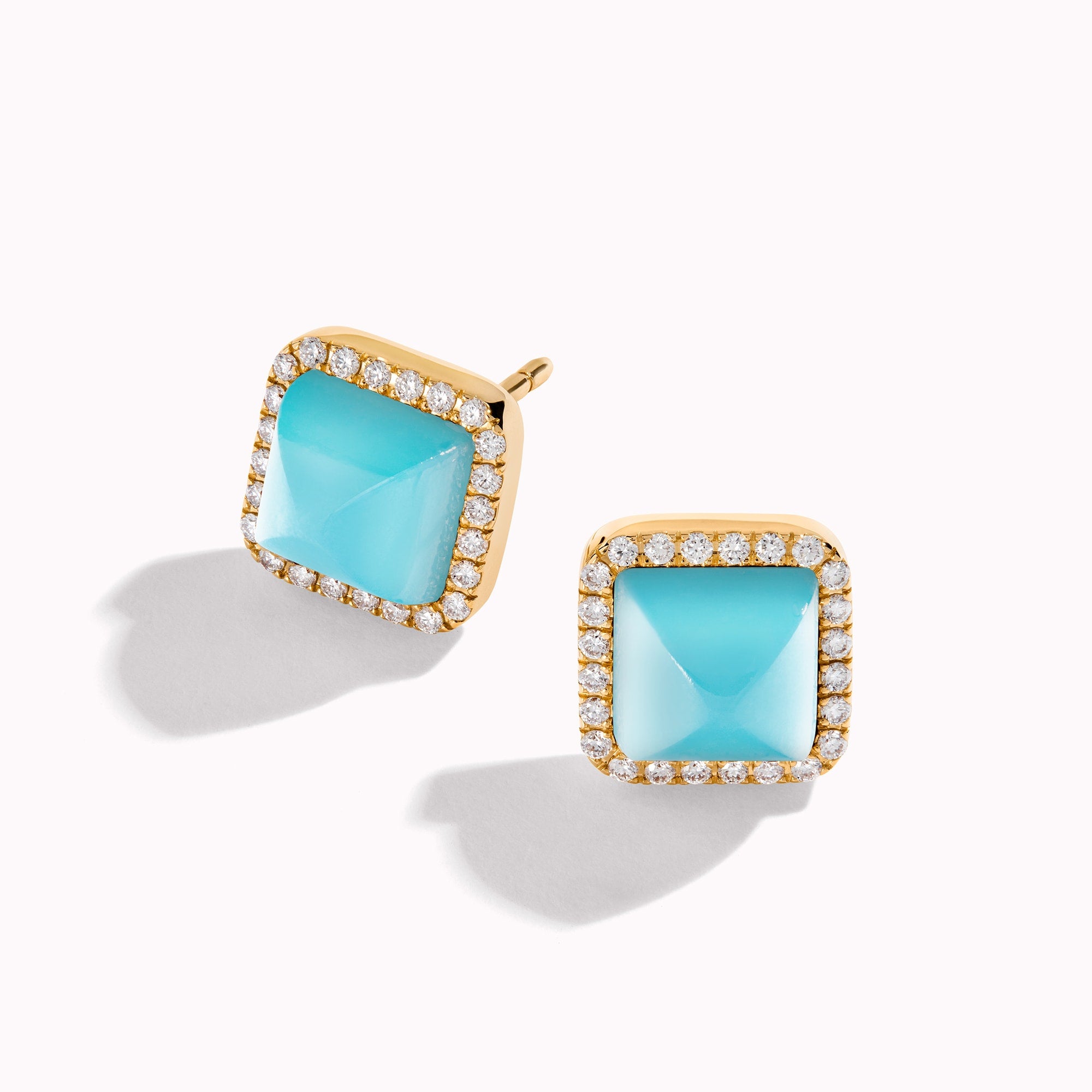 Marli Cleo Diamond Stud Pyramid Earrings In Yellow Gold set with Sea Blue Chalcedony CLEO-E3