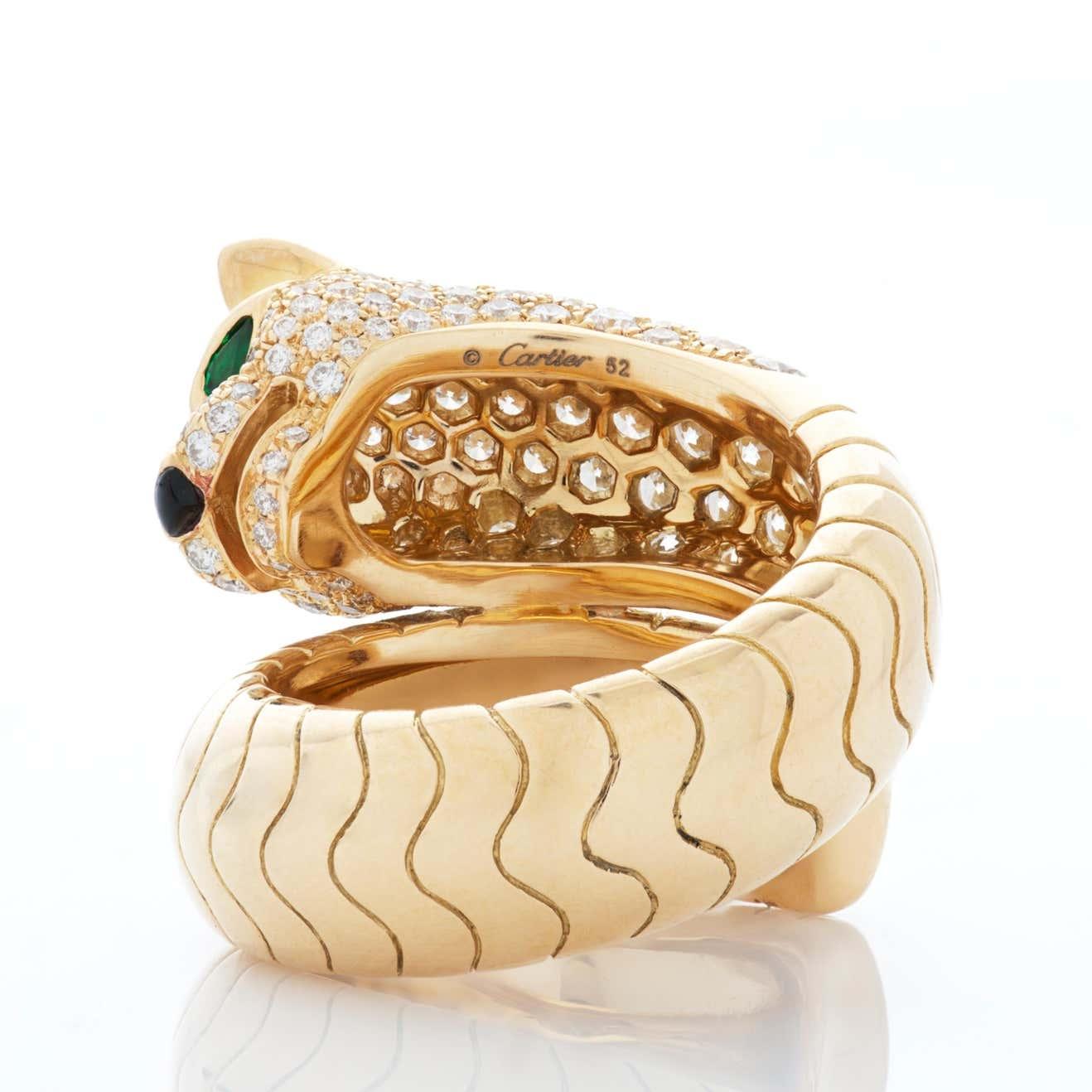 Cartier Panthère De Cartier, Yellow Gold Pave Diamond, Emerald & Onyx Bypass Ring N4224200