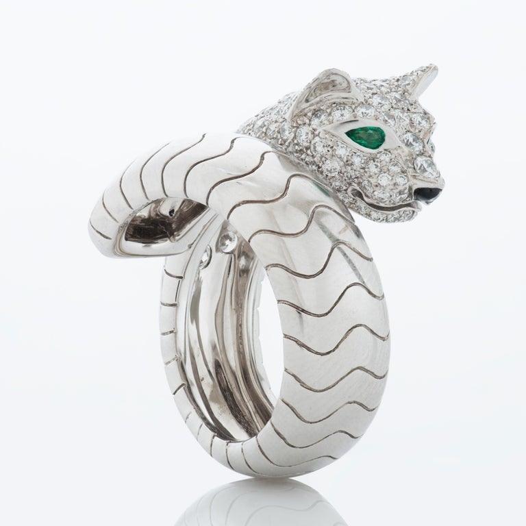 Cartier Panthère De Cartier, Pave Diamond, Emerald and Onyx Bypass Ring in 18k White Gold