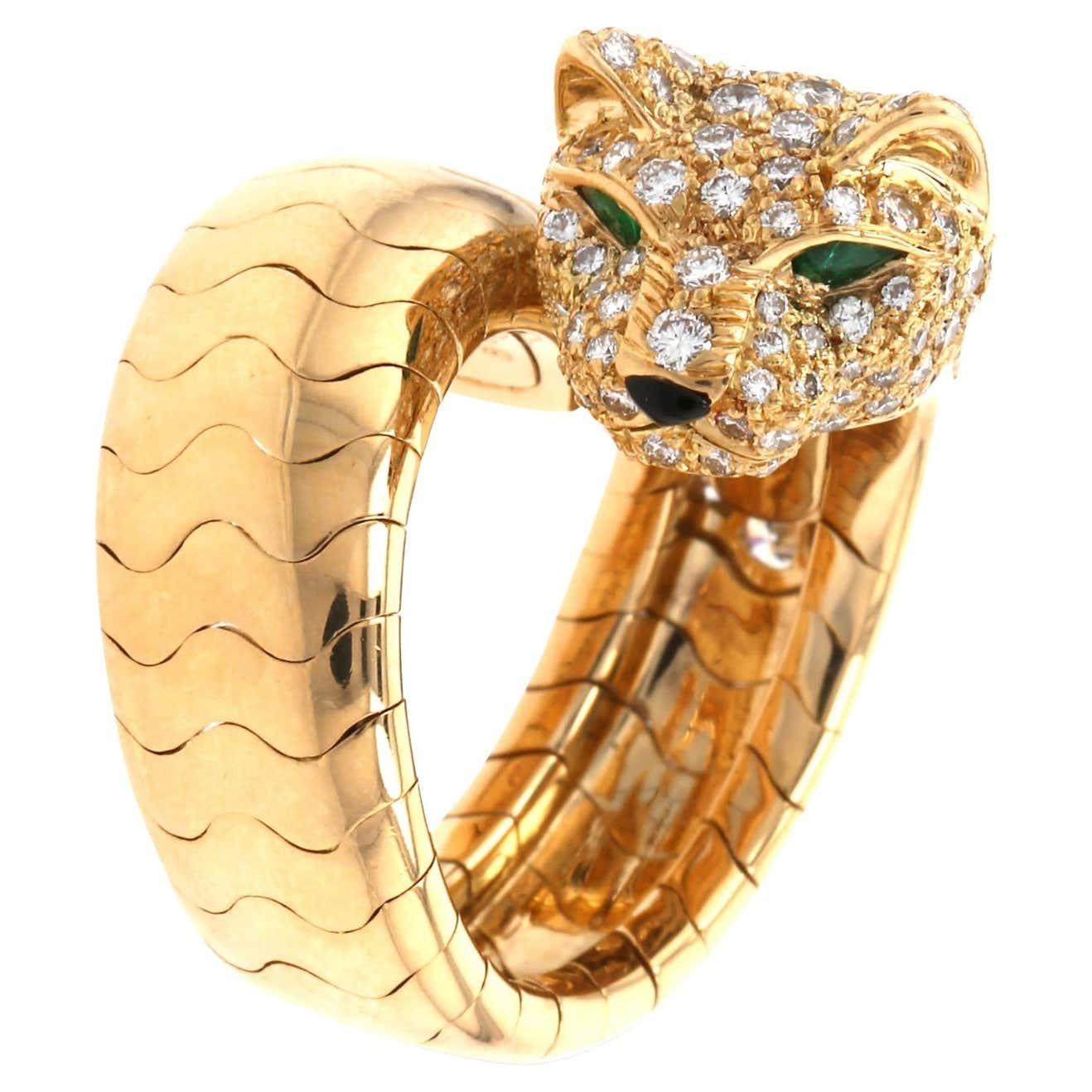 Cartier Panthère De Cartier, Yellow Gold Pave Diamond, Emerald & Onyx Bypass Ring N4224200