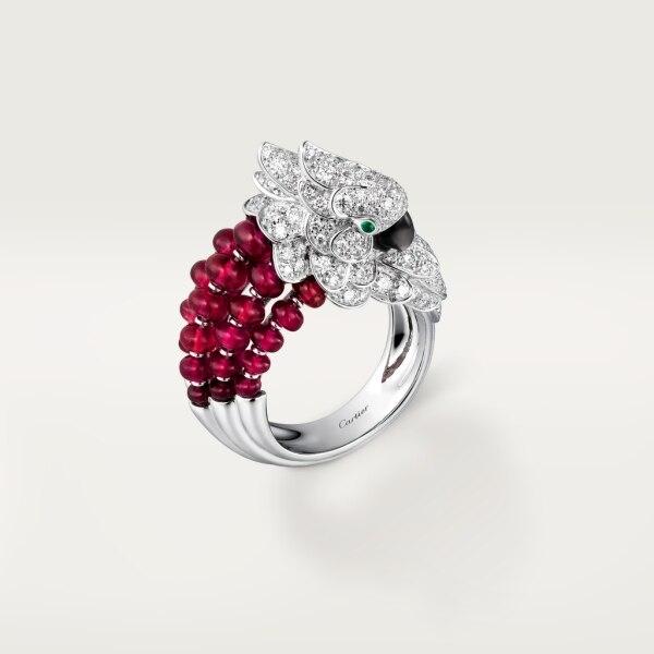 Cartier Les Oiseaux Libérés Ring, White Gold, Grey Mother-of-pearl, Emeralds, Ruby,diamonds H4311900