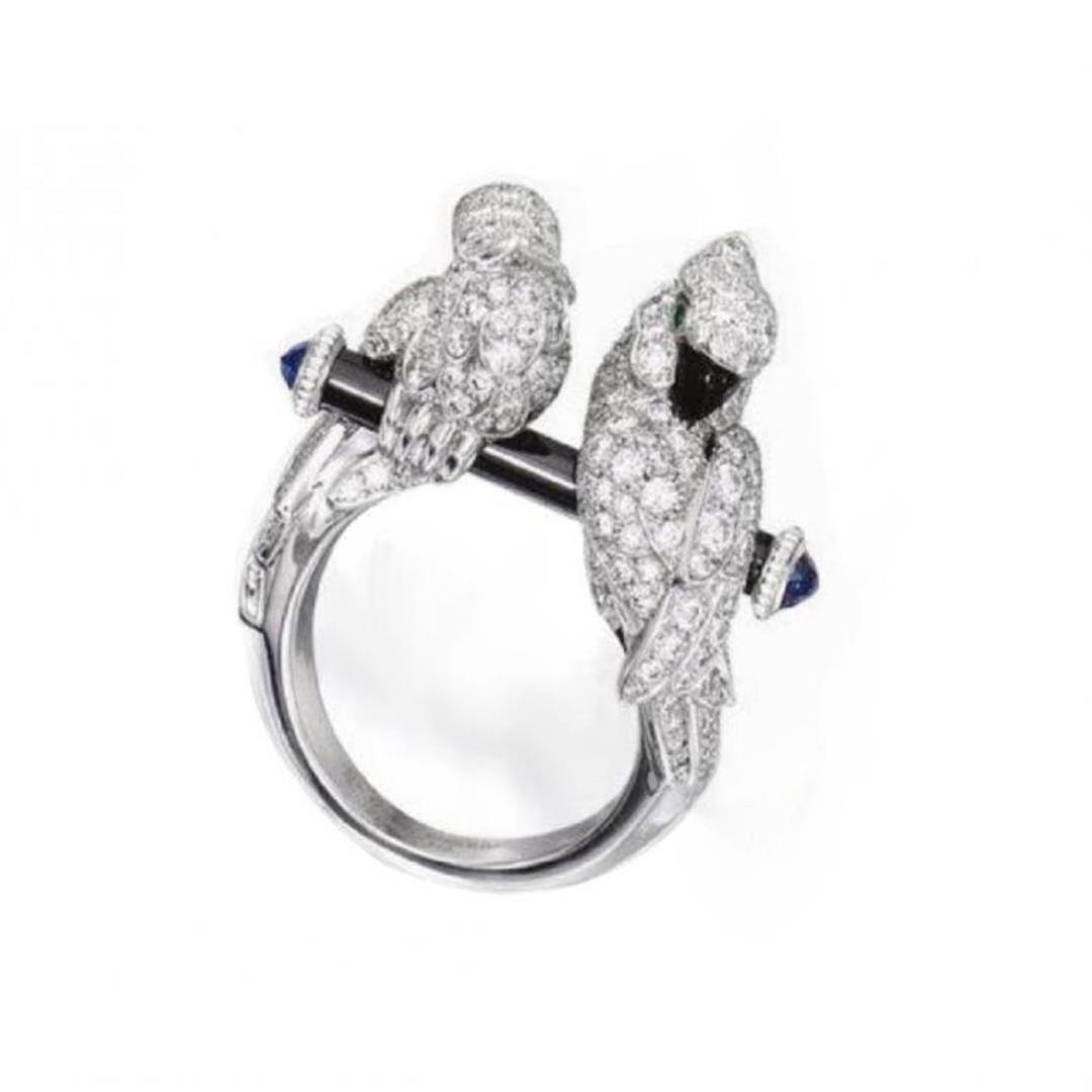 Cartier Les Oiseaux Liberes Ring White Gold Sapphires Emerald Ceramic Onyx Diamonds Coral (1)