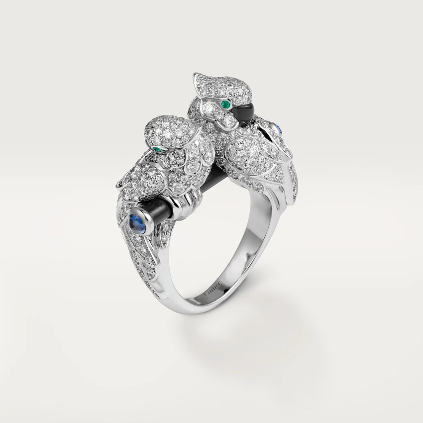 Cartier Les Oiseaux Libérés Ring, White Gold , Sapphires, Emerald, Ceramic, Onyx, Diamonds Ref. N4251300