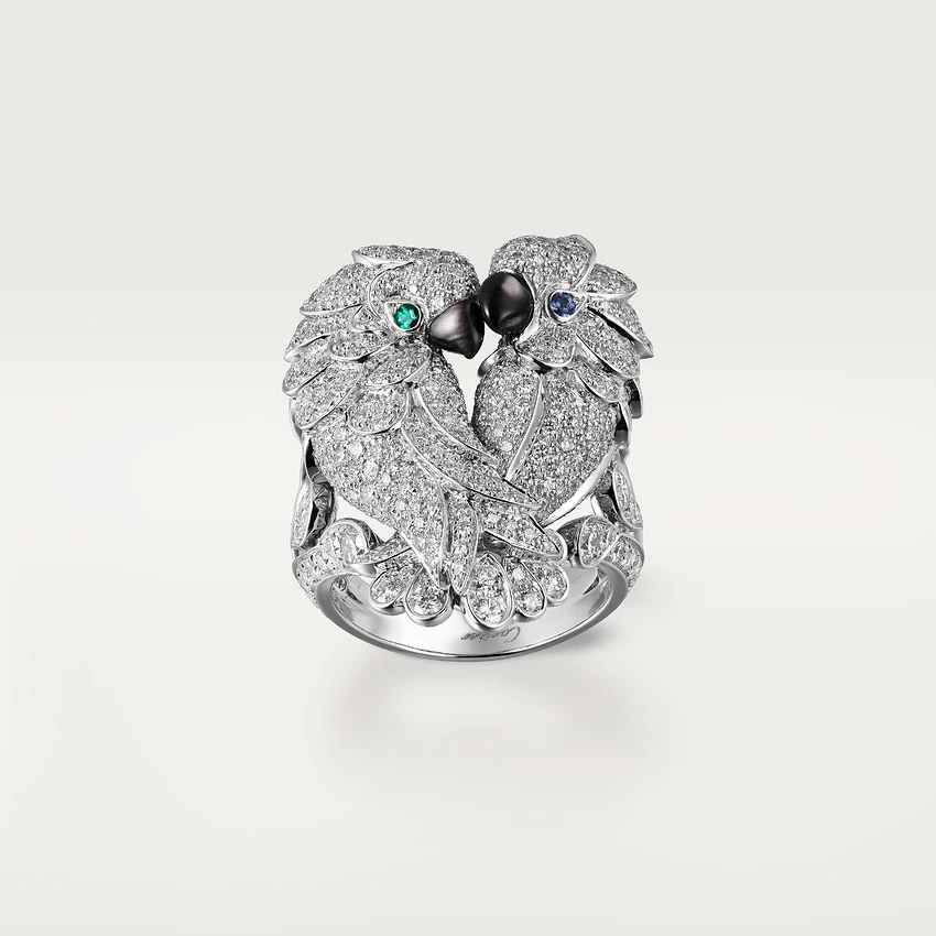 Cartier Les Oiseaux Libérés Ring, White Gold , Sapphires, Emerald, Grey Mother-of-pearl, Onyx, Diamonds Ref. H4300800