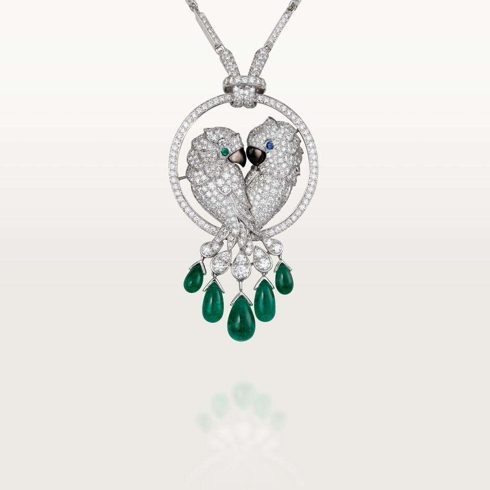 Cartier Les Oiseaux Liberes Necklace White Gold Emerald Mother Of Pearl Sapphire Emerald Diamonds Hp300100