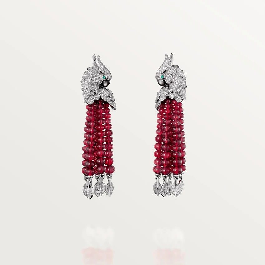 Cartier Les Oiseaux Libérés Earrings White Gold, Emeralds, Ruby, Diamonds H8000127