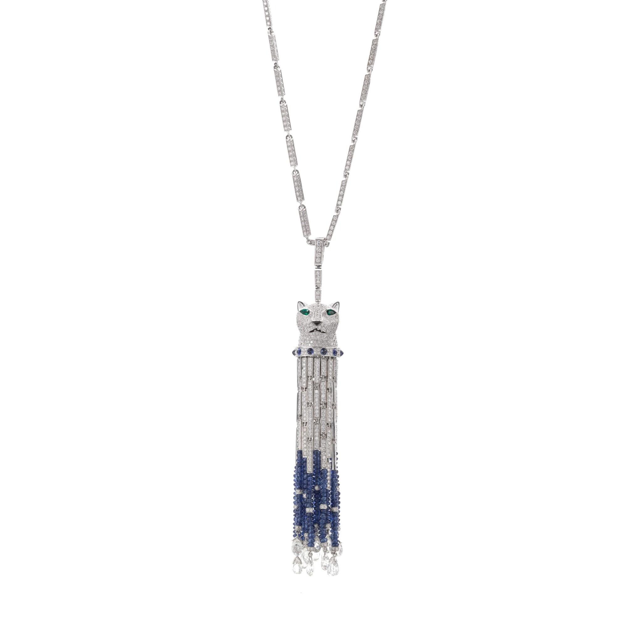 Cartier Panthère de Cartier Necklace White Gold Set with Sapphire Beads, Emeralds, Diamonds