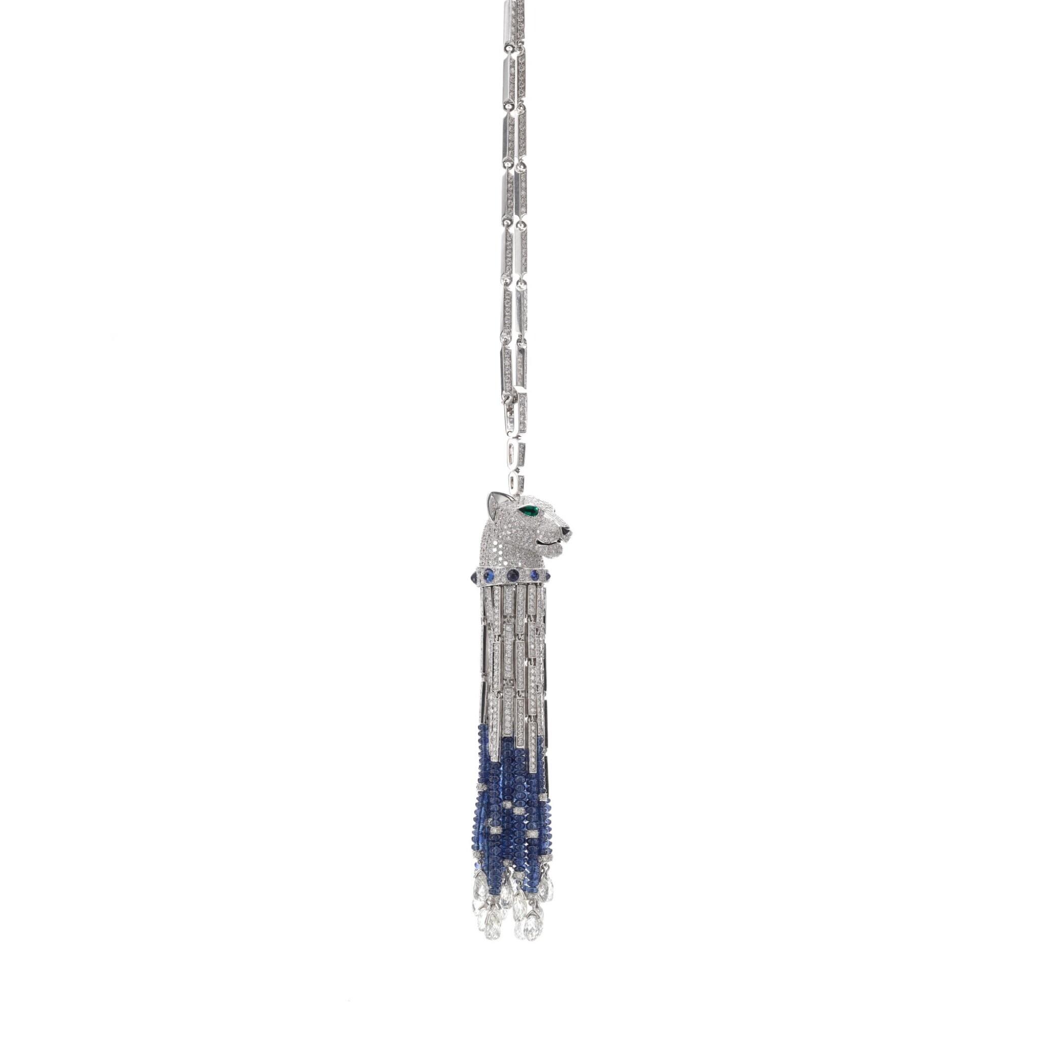 Cartier Panthère de Cartier Necklace White Gold Set with Sapphire Beads, Emeralds, Diamonds