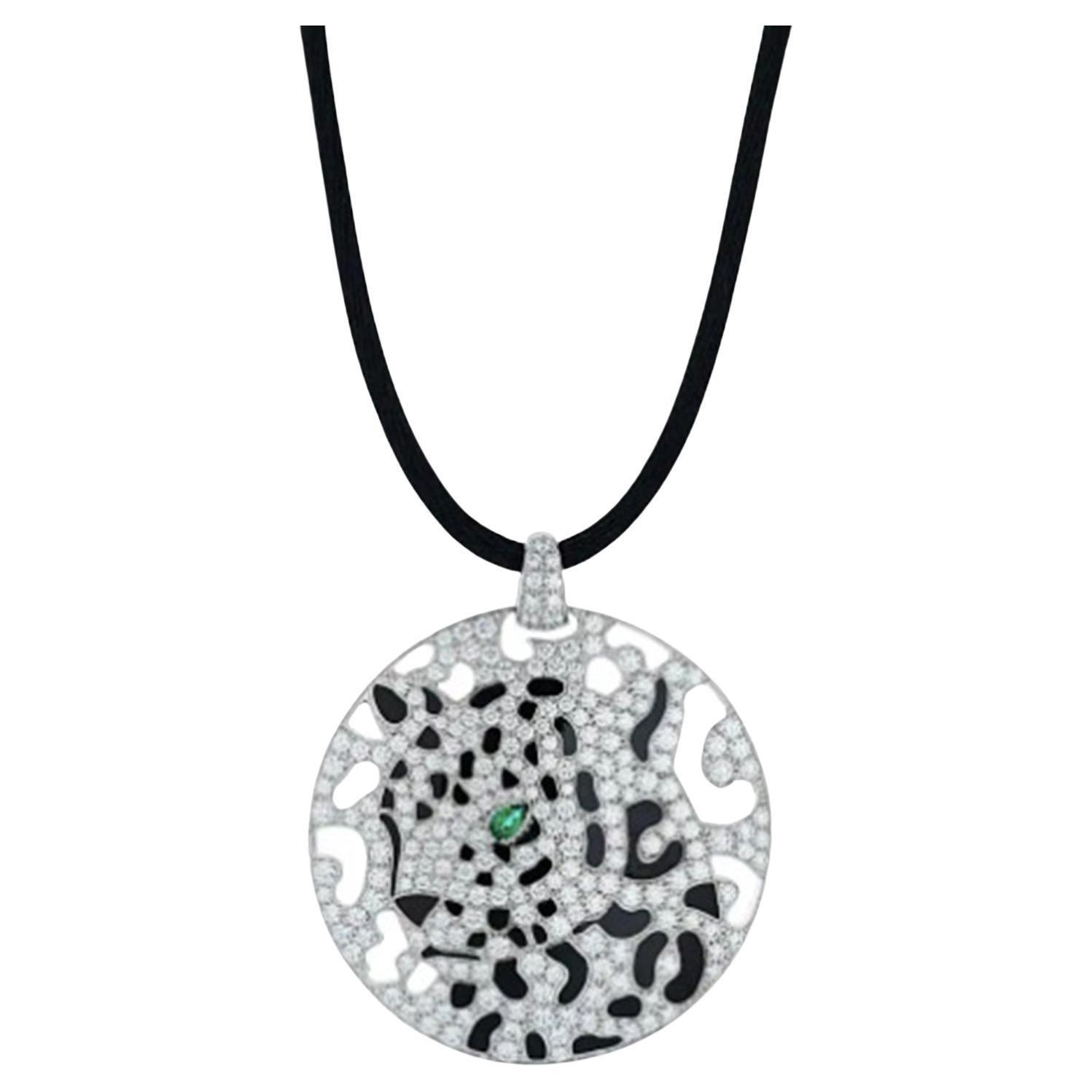 Cartier Panthère De Cartier Necklace, Diamond and Enamel Panther Openwork Disc Pendant on Black Cord Necklace