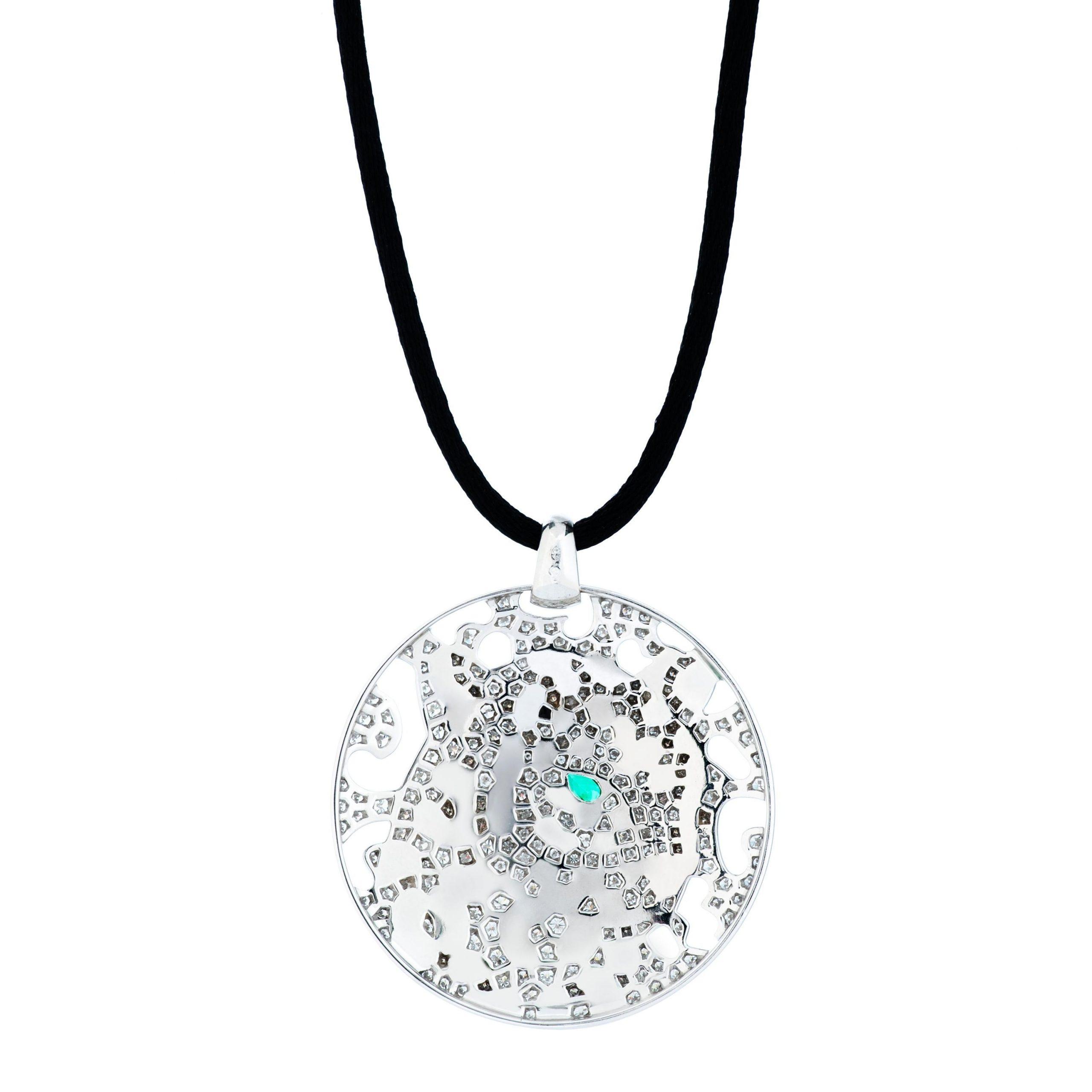 Cartier Panthère De Cartier Necklace, Diamond and Enamel Panther Openwork Disc Pendant on Black Cord Necklace