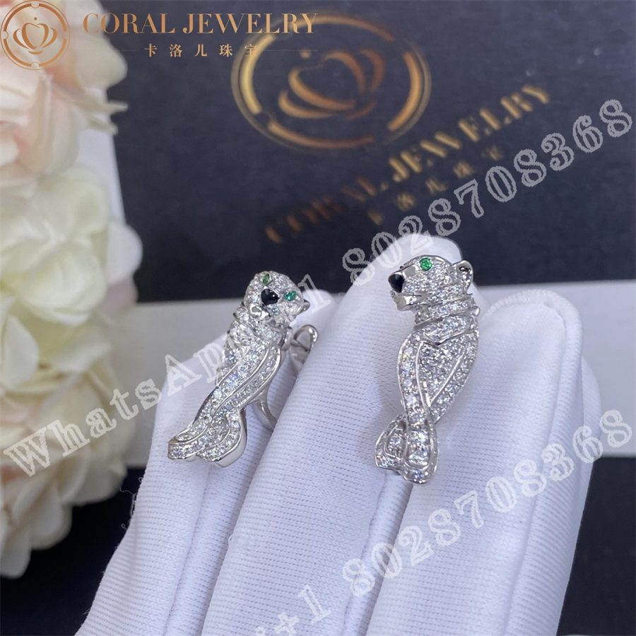 Cartier Panthere De Cartier Earrings White Gold Full Diamond Pave Emerald Ref N8503400 Coral (9)