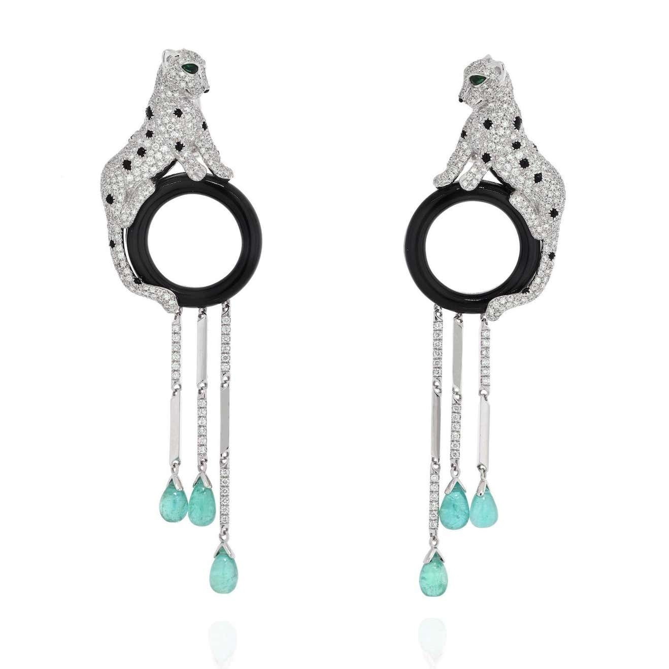 Cartier Panthère de Cartier Earrings, White Gold Onyx and Emerald Tassels Earrings