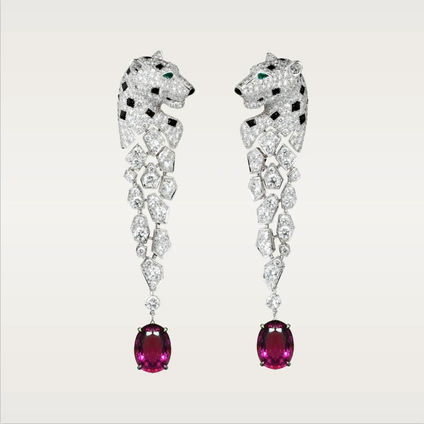 Cartier Panthère de Cartier Earrings, White Gold, Diamonds, Onyx, Emeralds, Ruby