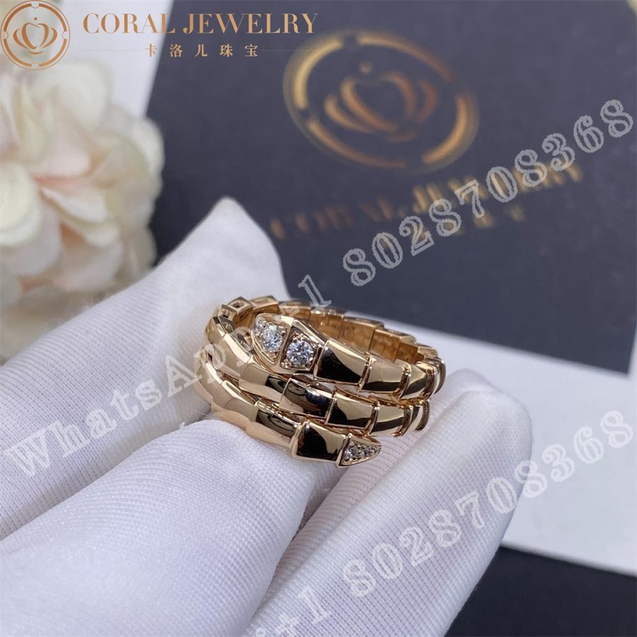 Bulgari Serpenti Viper Two Coil 18 Kt Rose Gold Ring Set With Demi Pave Diamonds Ref 357869 Coral (6)