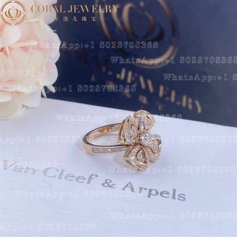 Bulgari Fiorever 18 Kt Rose Gold Ring Set With A Central Diamond And Pave Diamonds Ref 355872 Coral (2)