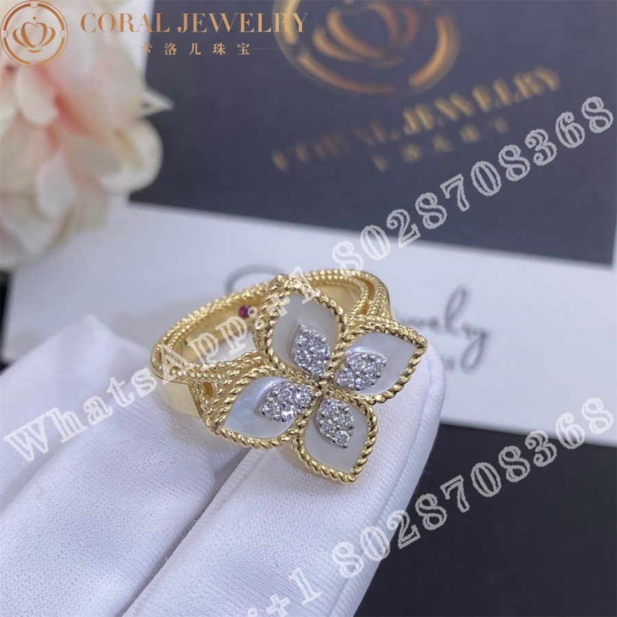 Roberto Coin Princess Flower Ring Yellow Gold Diamonds Mop 2cm Coraal (11)