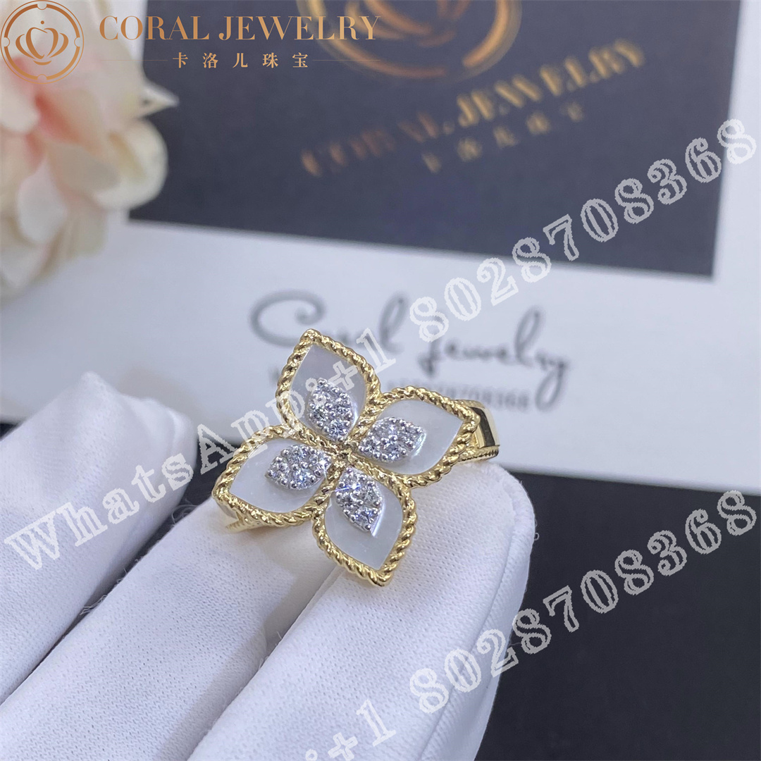 Roberto Coin Princess Flower Ring Yellow Gold Diamonds Mop 2cm Coraal (2)