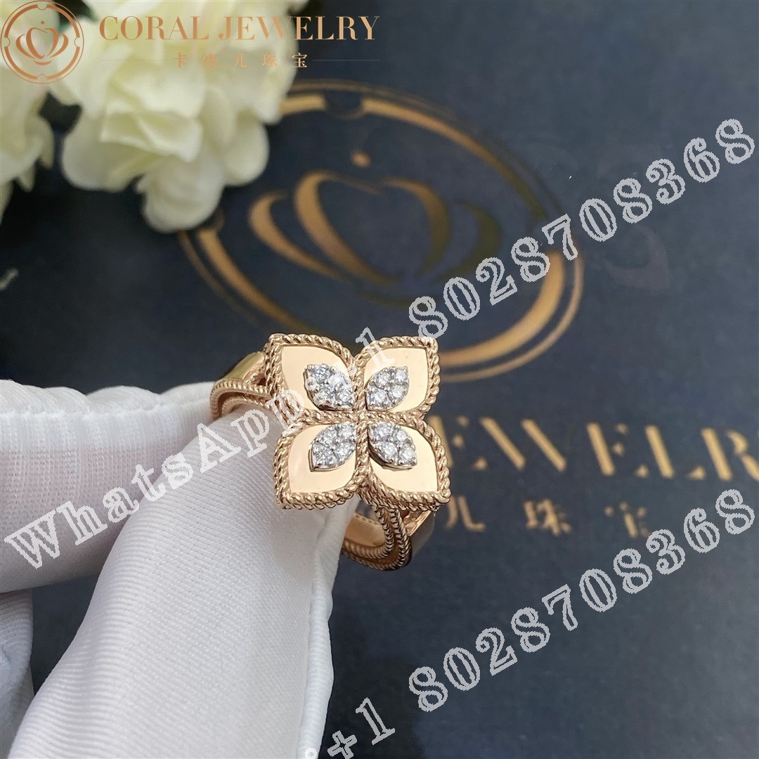 Roberto Coin Rose Gold White Diamonds Princess Flower Ring - 2cm