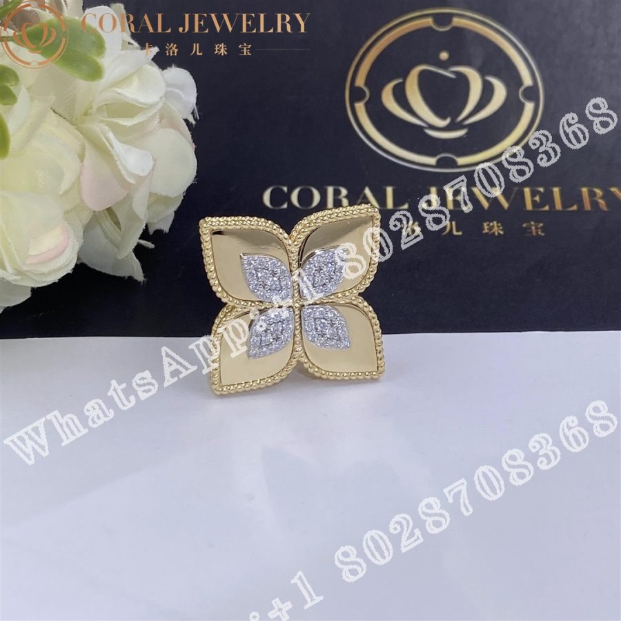 Roberto Coin Yellow Gold White Diamonds Princess Flower Ring - 3.5cm