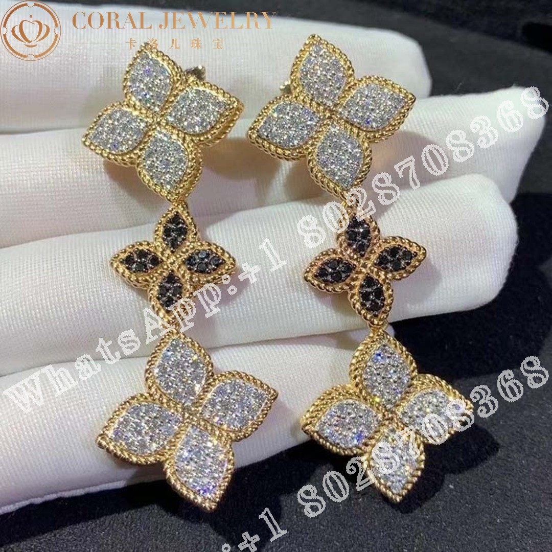 Roberto Coin 18k gold, white & black diamond princess flower 3 flower drop earring