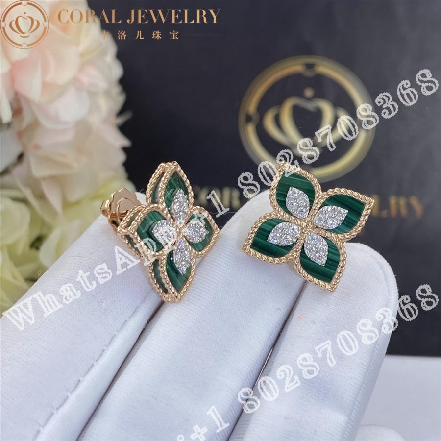 Roberto Coin Princess Flower Earrings with Diamonds and Malachite