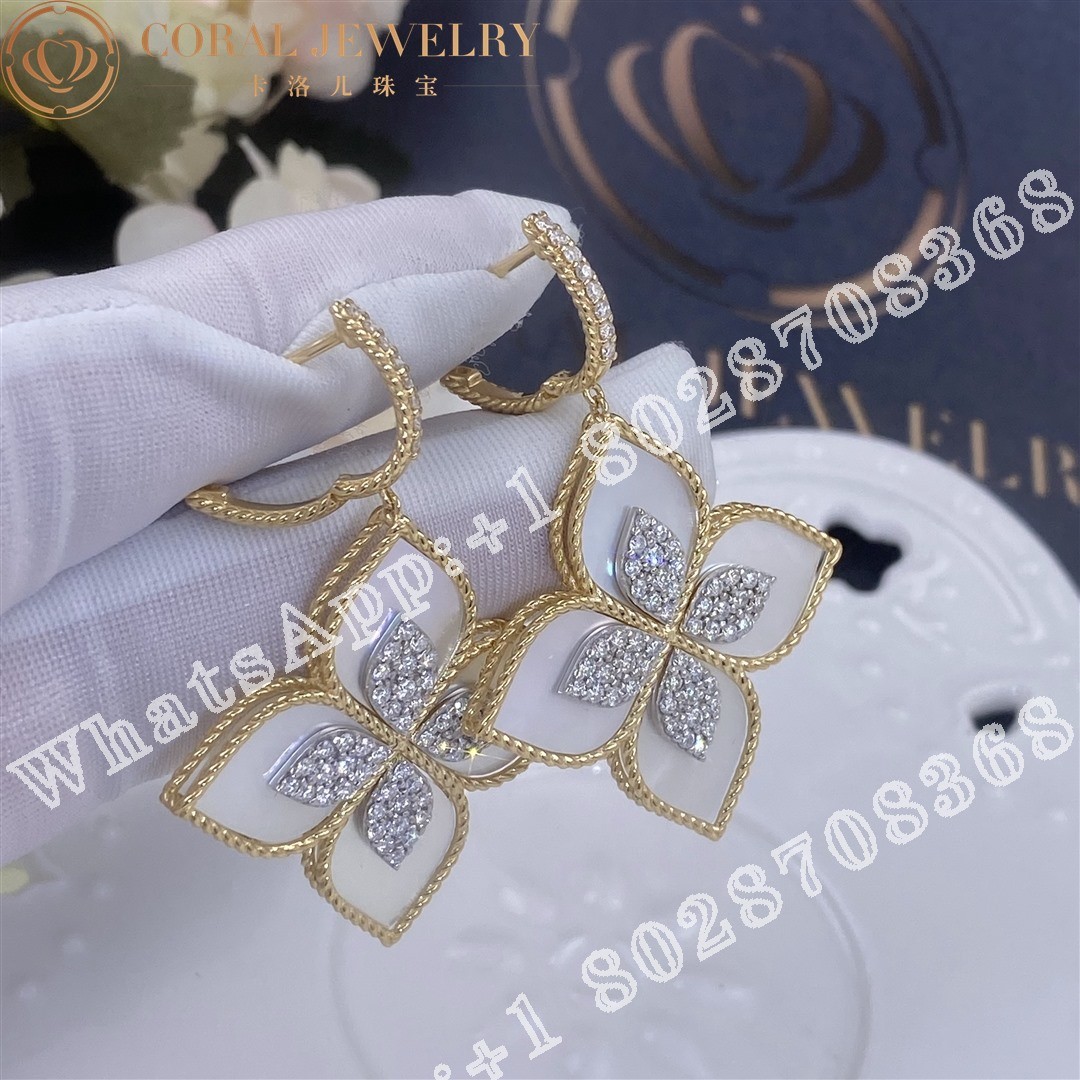 Roberto Coin Princess Flower Yellow Gold Mother of Pearl Diamond Earrings 34MM