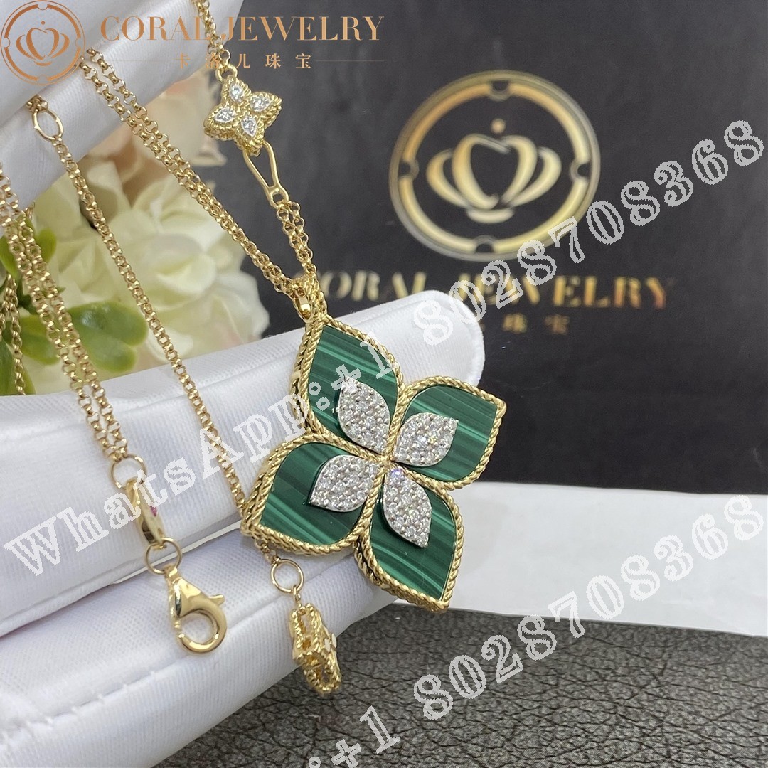 Roberto Coin Princess Flower Pendant Yellow Gold with Diamonds and Malachite -34mm