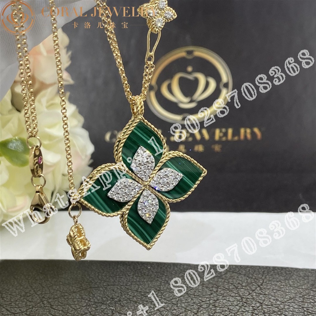 Roberto Coin Princess Flower Pendant Yellow Gold with Diamonds and Malachite -34mm