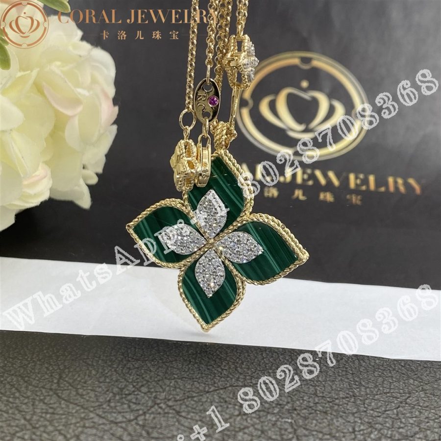 Roberto Coin Princess Flower Pendant Yellow Gold with Diamonds and Malachite -34mm