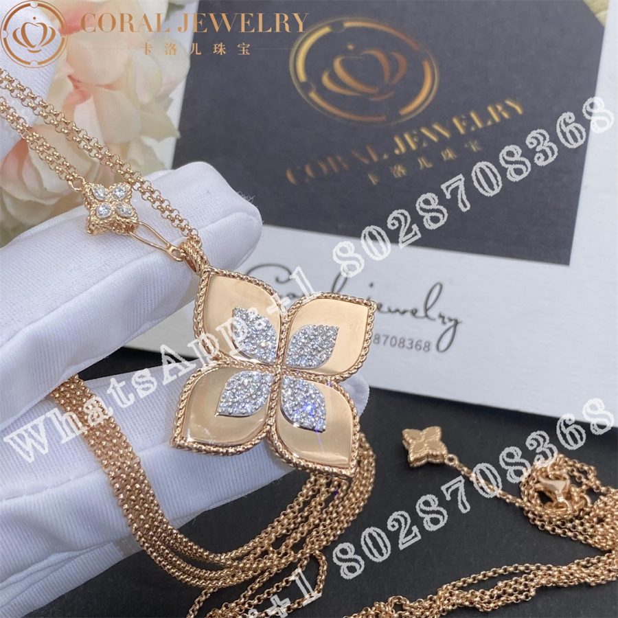 Roberto Coin Yellow Gold Diamond Princess Flower Rose Gold Necklace - 3.5cm