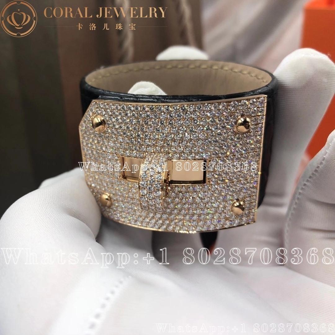 Hermes 18k Rose Gold Shiny Crocodile Diamond Kelly Bracelet Noir Coral (1)