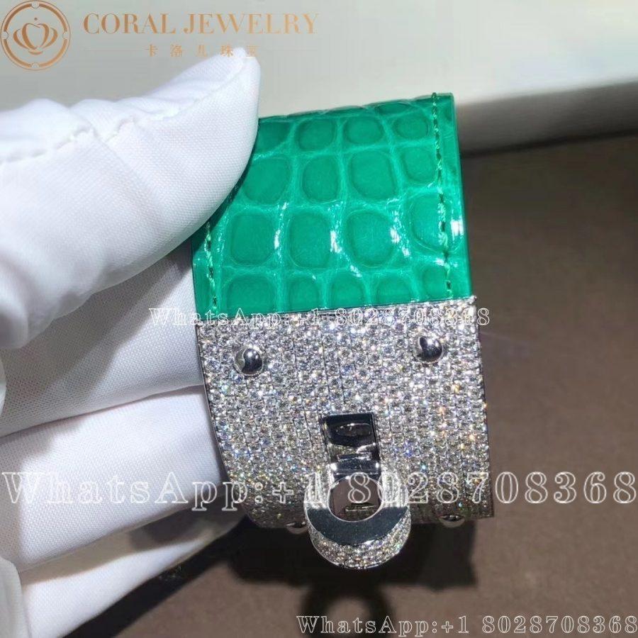 Hermes 18k White Gold Diamond Swift Leather Green Kelly Cuff Bracelet Coral (3)