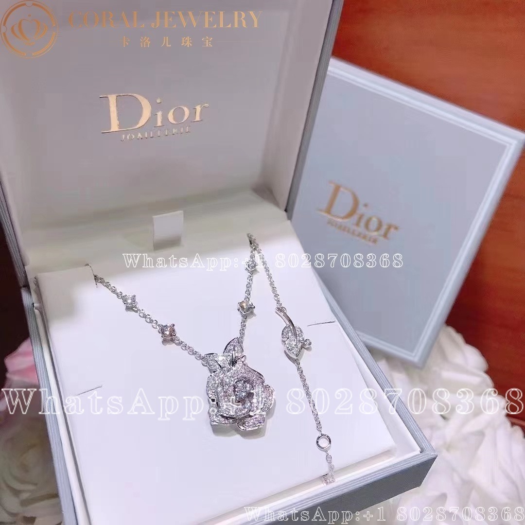 Dior Medium Rose Dior Bagatelle Necklace 18k White Gold And Diamonds Coral (1)