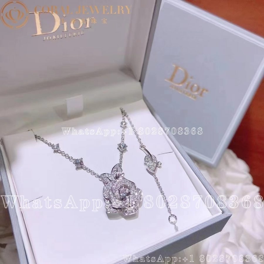 Dior Medium Rose Dior Bagatelle Necklace 18k White Gold And Diamonds Coral (2)