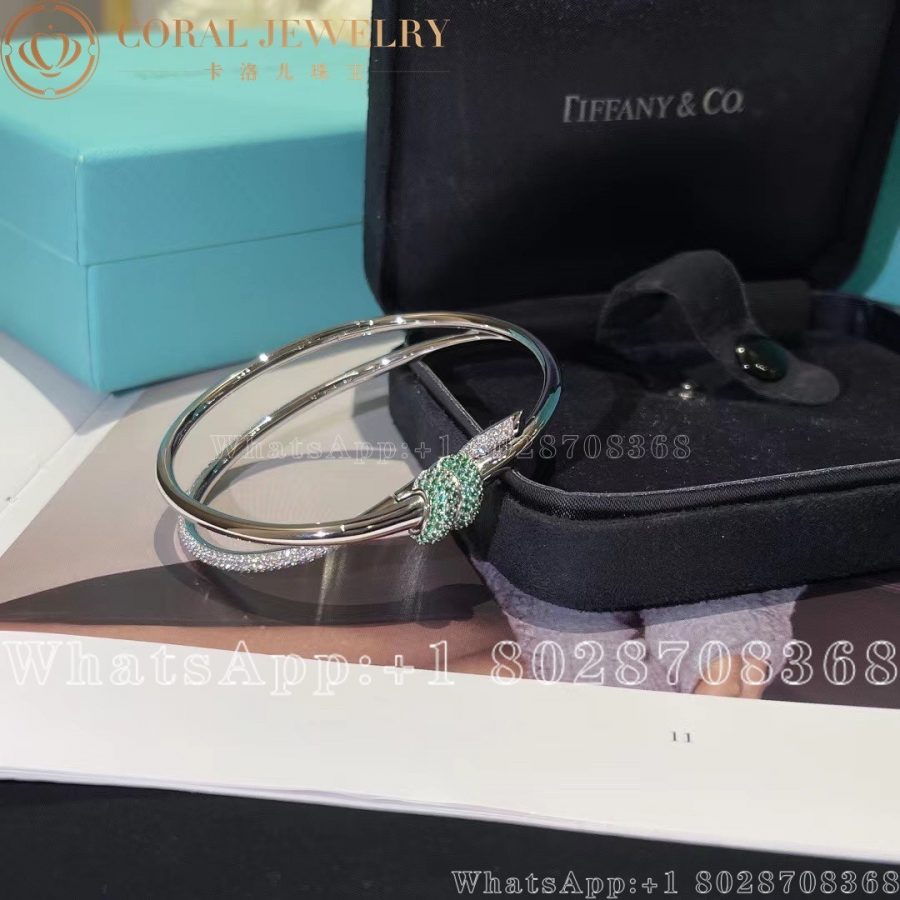 Tiffany Knot Double Row Hinged Bangle In White Gold With Diamonds And Emeralds Coral (5)