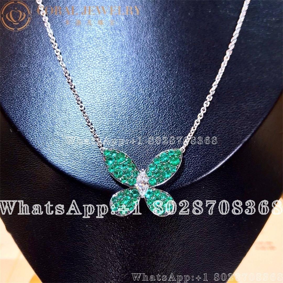 Graff Butterfly 18 Karat White Gold Diamond And Emeralds Pendant Necklace Coral (1)