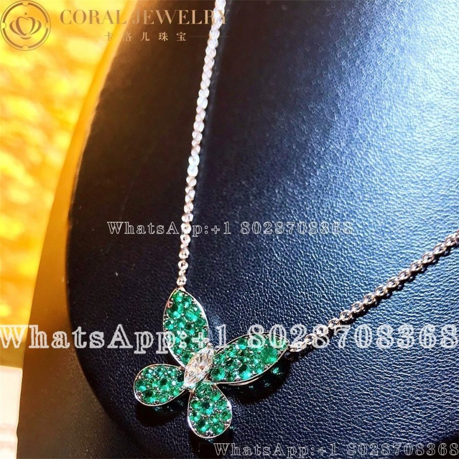 Graff Butterfly 18 Karat White Gold Diamond And Emeralds Pendant Necklace Coral (3)