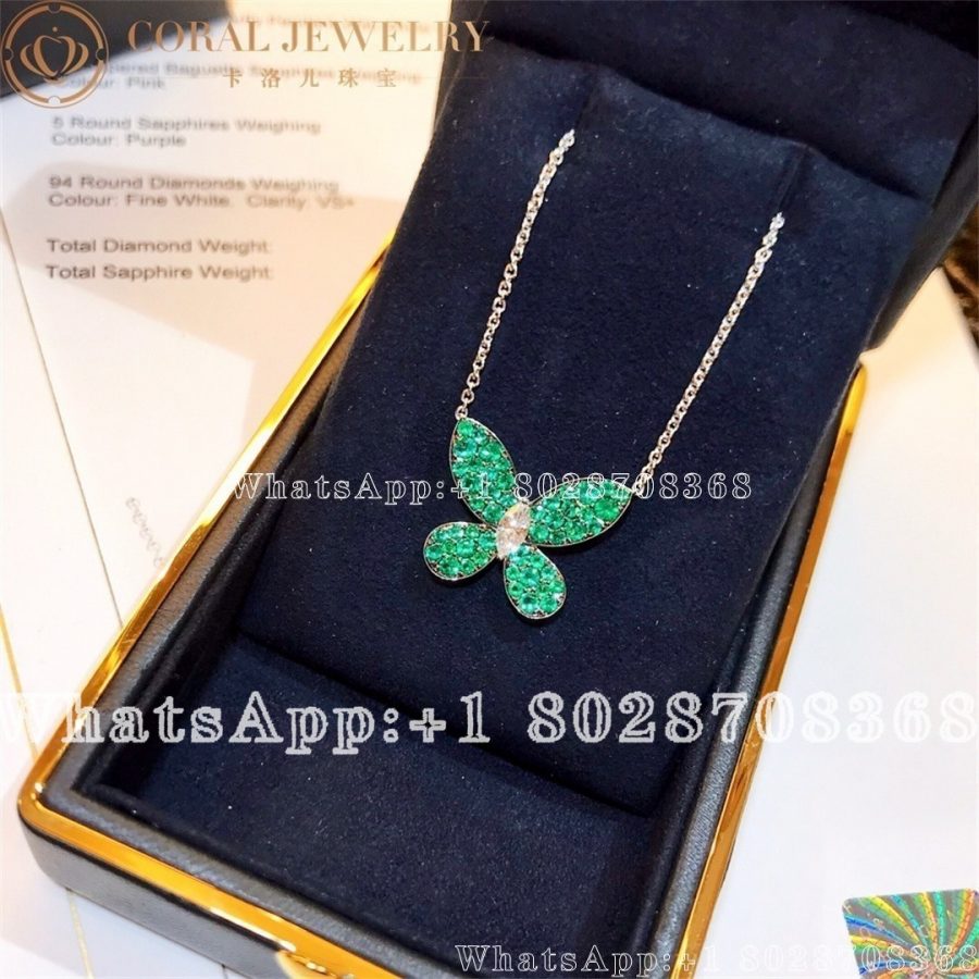 Graff Butterfly 18 Karat White Gold Diamond And Emeralds Pendant Necklace Coral (4)