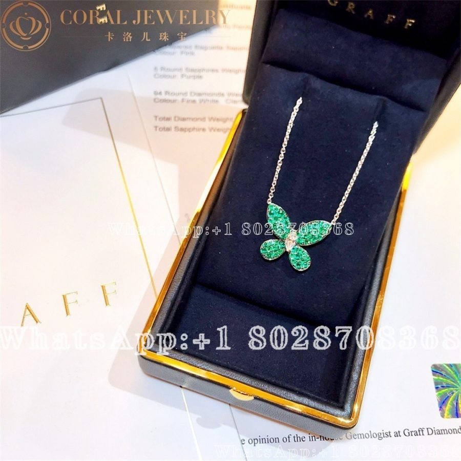 Graff Butterfly 18 Karat White Gold Diamond And Emeralds Pendant Necklace Coral (5)