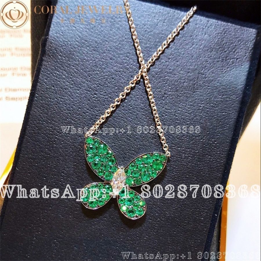 Graff Butterfly 18 Karat White Gold Diamond And Emeralds Pendant Necklace Coral (6)